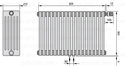 Схема (чертеж) Радиатор Zehnder Charleston 6090/18 №V008 Белый глянцевый RAL 9016